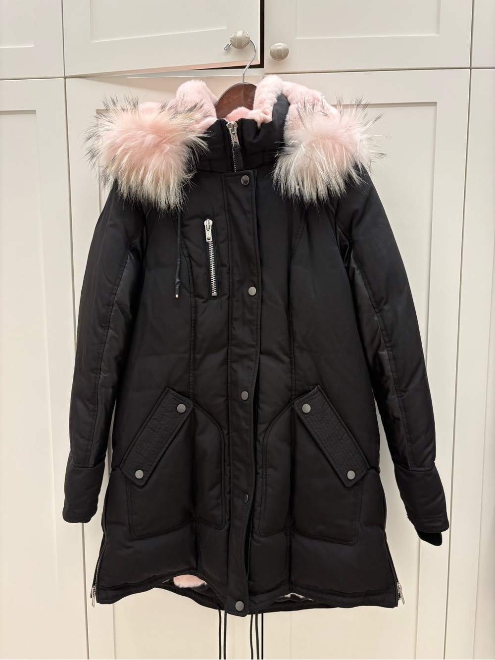 Women's Black Puffer Parka with Pink Fur Trim